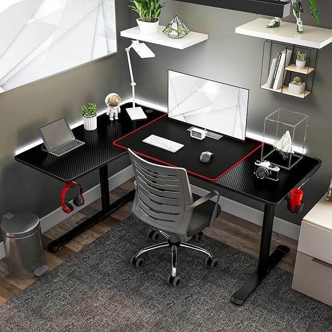 Homes: Inside + Out Kindira Modern Steel Gaming Desk with USB Ports PC Mouse Pad and Rotatable Cup-Holder for Home Office Classroom Study Room Black L-Shape