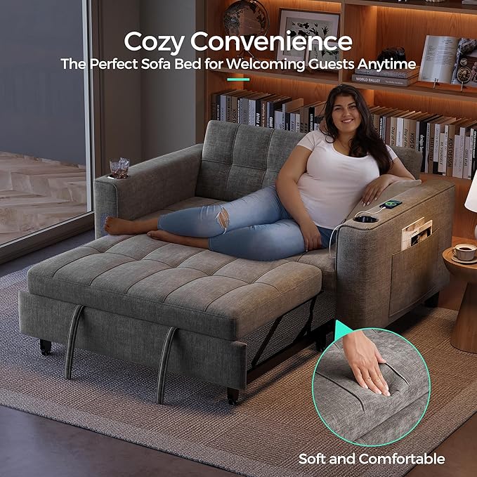 LINSY Sleeper Sofa Bed 54 Pull Out Couch with Charging Station &amp Cup Holder Small 3 in 1 Convertible Loveseat Sleeper Couch for Apartment Dorm Room Bedroom and Small Space Chenille Gray