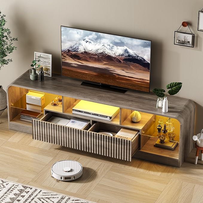 TV Stand for 60/65/70 Inch TVs Modern Curved TV Console with LED Lights 2 Drawers &amp Glass Shelves Living Room Entertainment Center