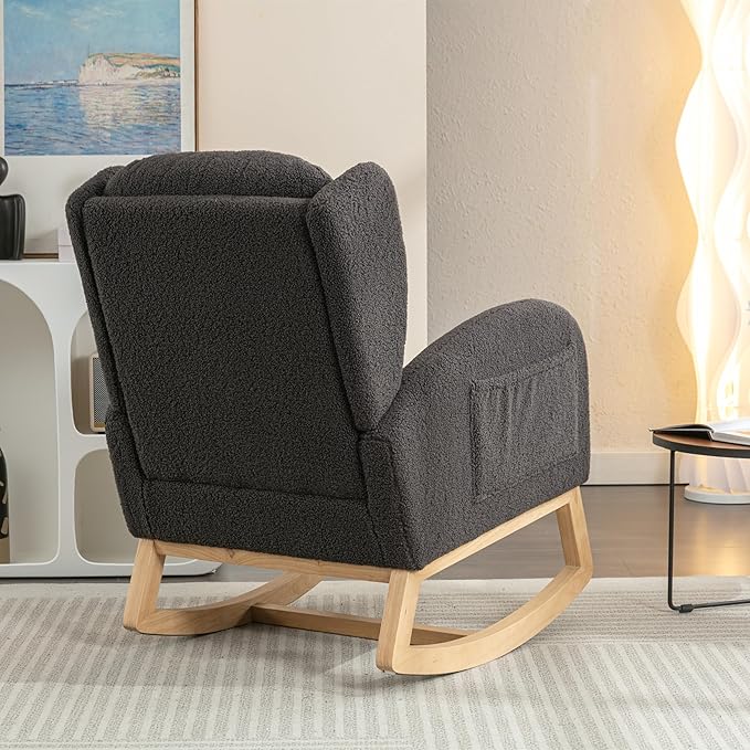 Setawix Teddy Rocking Glider Chair for NurseryUpholstered Living Room Rocker Arm ChairLeisure Sherpa Wingback ArmchairMid Century Modern Rocking Accent Chair with Side Pockets (Wingback Dark Grey)