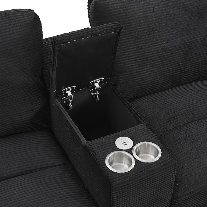Modern U-Shaped Sofa 116.9 Sectional Sofa Corduroy Upholstered Sofa Couch with Storage Ottomans Cup Holders and USB Ports for Living Room (Black-X70)
