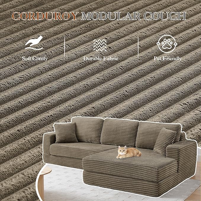 112.6 Oversized Fold Out Couch Bed King 3 in 1 Convertible Modern L Shape Cloud Modular Sectional Comfy Boneless Foam Couch Futon for Living Room No Assembly(Brown CorduroyRight Facing Chaise)