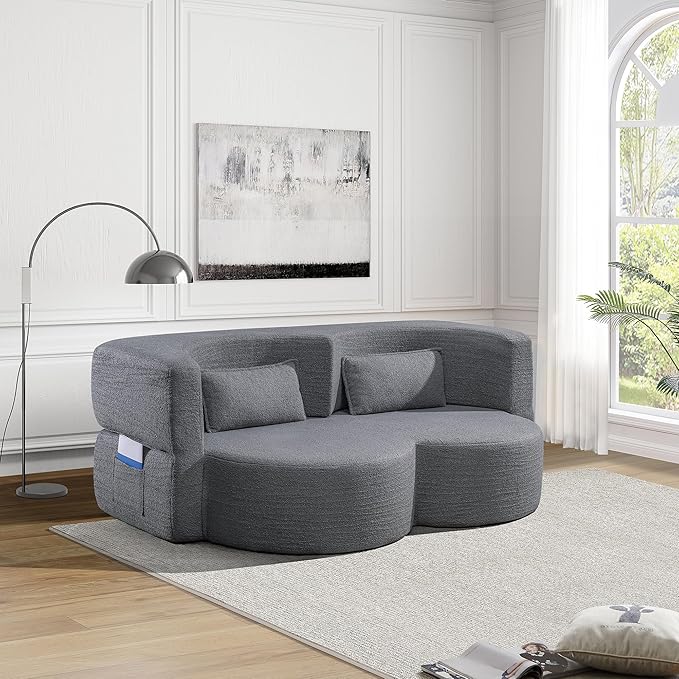 Convertible Folding Sofa Bed79”Full Size Floor Sleeper Boneless CouchTeddy Velvet Full Foam Futon Loveseat for Living Room BedroomNo Assembly Required (Grey)
