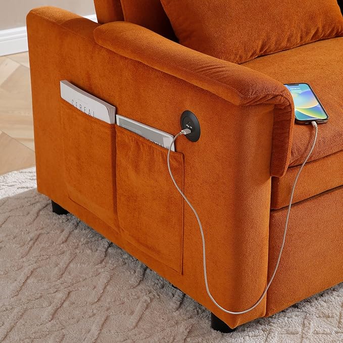 3 in 1 Convertible Sofa Bed with USB Ports - 55 Modern Velvet Sleeper Loveseat with Adjustable Backrest Pull-Out Bed 2 Pillows &amp Storage Pockets Space Saving (Orange)