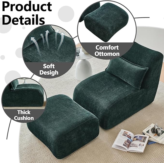 27” Oversized Lazy Sofa Chair and Ottoman Set Chaise Lounge Chair Indoor with Pillows Comfy Reading Couch for Adults Suitable for Living Room Small Spaces Memory Foam Chenille (Green-2)