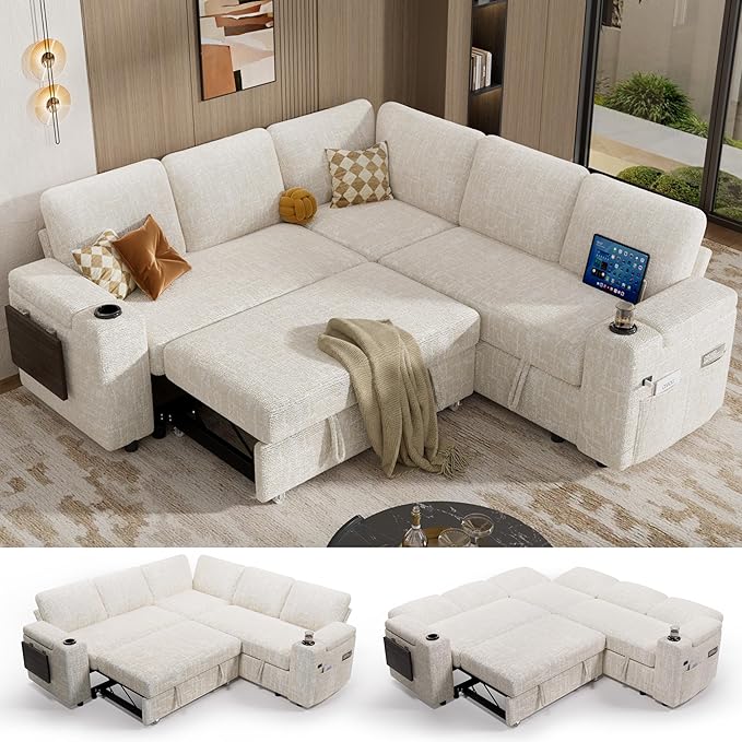Vipbear 86 Modular Sectional Sleeper Sofa with Pull Out Bed 5 Seat Chenille L Shaped Couch with Reclining Backrest|USB Ports|Cup Holders|Side Table|Storage Seat Armrests Tool Free Assembly Beige