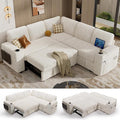 Vipbear 86 Modular Sectional Sleeper Sofa with Pull Out Bed 5 Seat Chenille L Shaped Couch with Reclining Backrest|USB Ports|Cup Holders|Side Table|Storage Seat Armrests Tool Free Assembly Beige