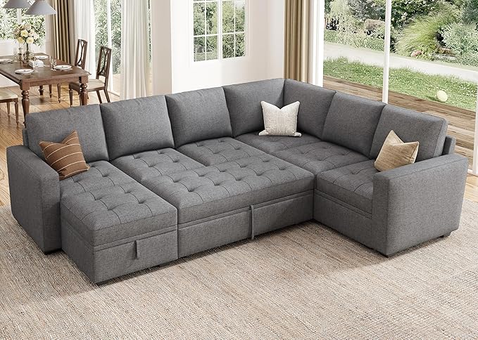 HONBAY Modular Sectional Sleeper Sofa with Pull Out Bed Convertible L Shaped Couch with Storage Seat Sectional Couches for Living RoomGrey