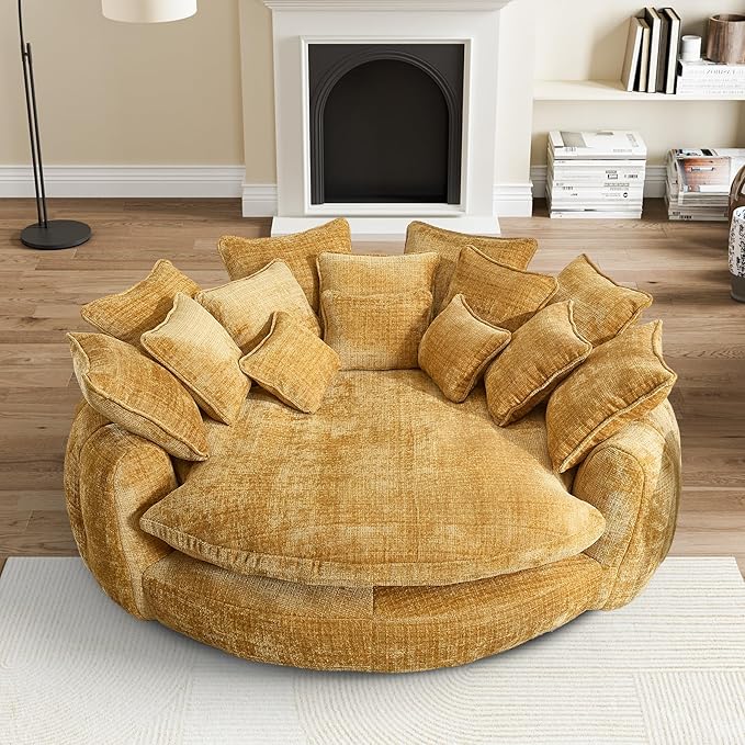 81 Round Sofa Bed Big Bean Bag Round Chaise Lounge Oversized Round Couch Boneless Reading Chair Plush Fluffy Chenille Large Chaise Chair for Living Room Bedroom Apartment Yellow