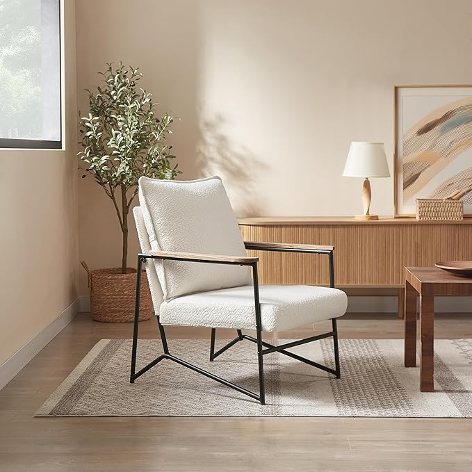 Art Leon Accent Chairs Set of 2 - Modern Boucle Fabric Armchairs with Wooden Armrests Upholstered Lounge Chairs with Metal Legs for Living Room Bedroom Reception Room White