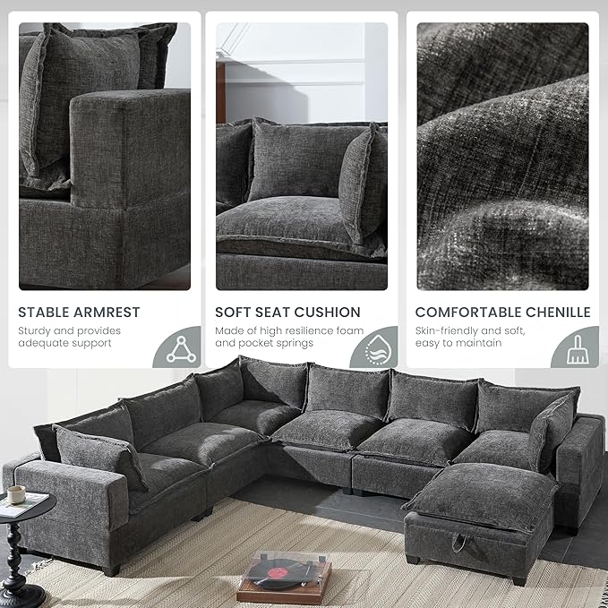 Merax Modern Oversized U-Shaped Sectional Sofa with Piollows &amp Chaise Lounge Chenille 7-Seat Couch Set Sleeper Bed with Storage Ottoman for Living Room Gray