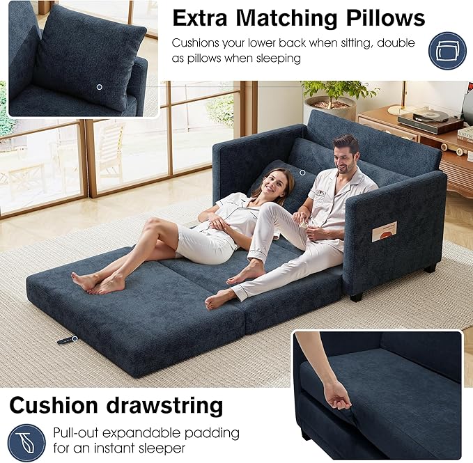 51 Loveseat Sleeper Sofa Bed Chenille Convertible Floor Sofa Bed for Small Spaces Folding Couch Bed with Deep Seat 2 Pillows &amp Solid Frame Pull Out Floor Couch for Living Room Blue