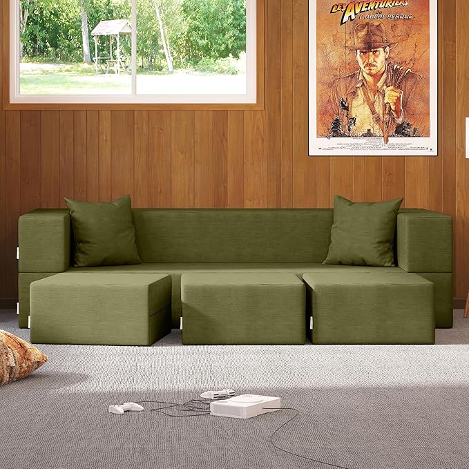 Jaxx Zipline Convertible Sleeper Sofa &amp Three Ottomans/California King-Size Bed Moss