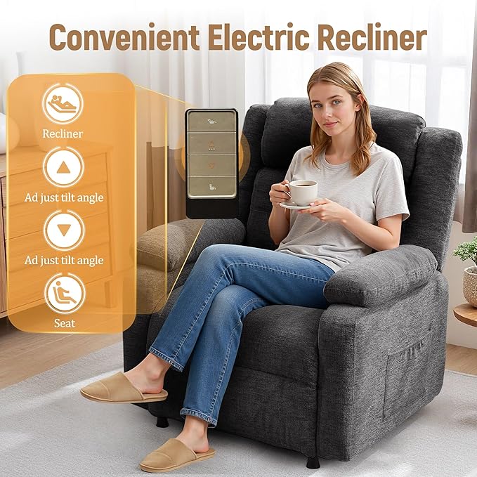 Power Recliner Chair for Adults Oversized Electric Recliner with Thickened Cushions Chenille Fabric Reclining Chair for Living Room Bedroom Grey