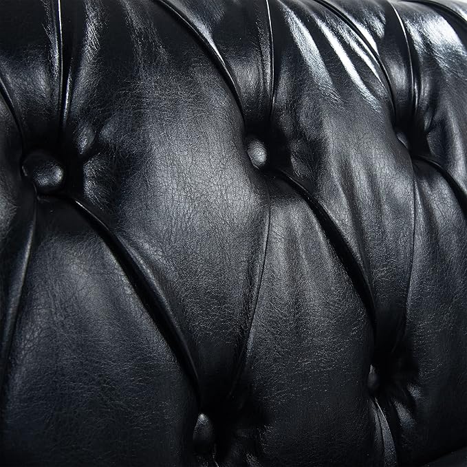 KEIKI 85 PU Leather Chesterfield Sofa with Rolled Arms &amp High Resilience Cushion Modern Style Upholstered 3-Seater Button Tufted Couch with Birch Legs Easy Assembly for Living Room Black