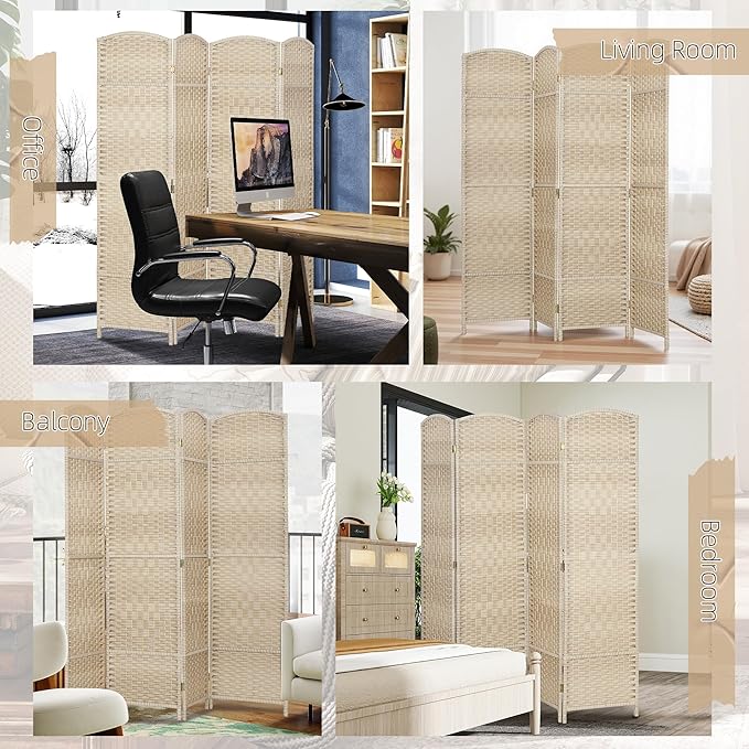 HOMCOM Room Divider 6 Ft 4 Panel Folding Privacy Screen Hand-Woven PP Wall Partition with Pine Wood Frame Freestanding Room Separator for Bedroom Home Office No Assembly Washed Oak