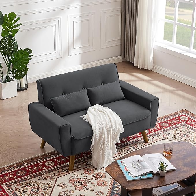 48.8 Small Loveseat Sofa Mid Century Modern Love Seat Couch with Back Cushions and Plastic Legs 2 Seater Couches for Living Room Bedroom Small Spaces Dark Grey