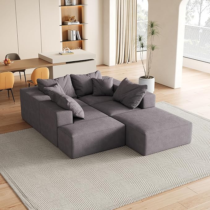 KEIKI 132 Boneless Sofa with Ottoman L Shaped Corner Couch Upholstered Corduroy Free Combination Sectional Couch for Living Room Bedroom Gray