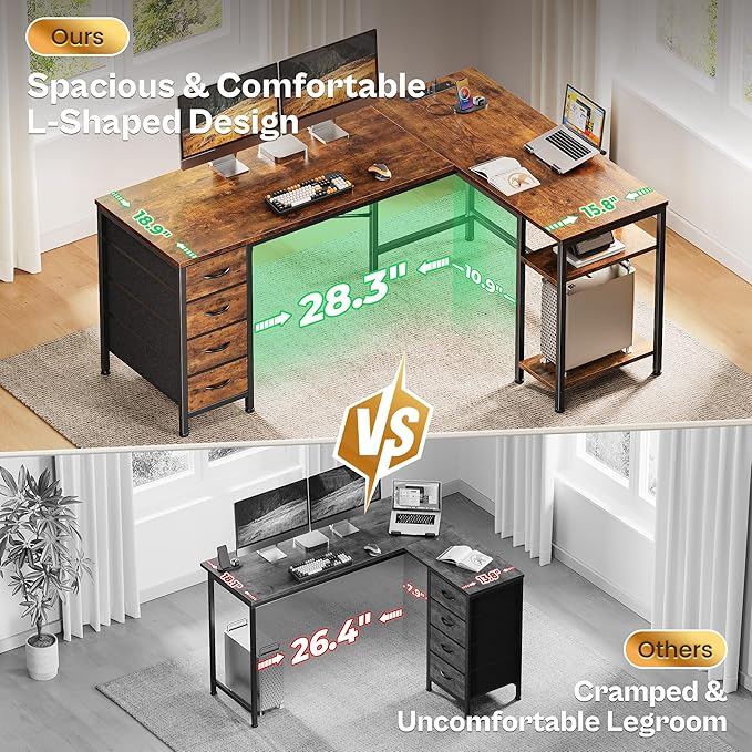 Huuger 55 Inch L Shaped Desk with Fabric Drawers Reversible Computer Gaming Desk with Power Outlets and USB-C Port Adjustable Side Storage Shelves for Work Study Corner Home Office Rustic Brown