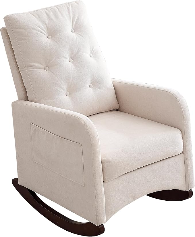 Modern Accent Tufted Rocking Chair High Backrest Living Room Lounge Arm Rocking Chair Two Side Pocket