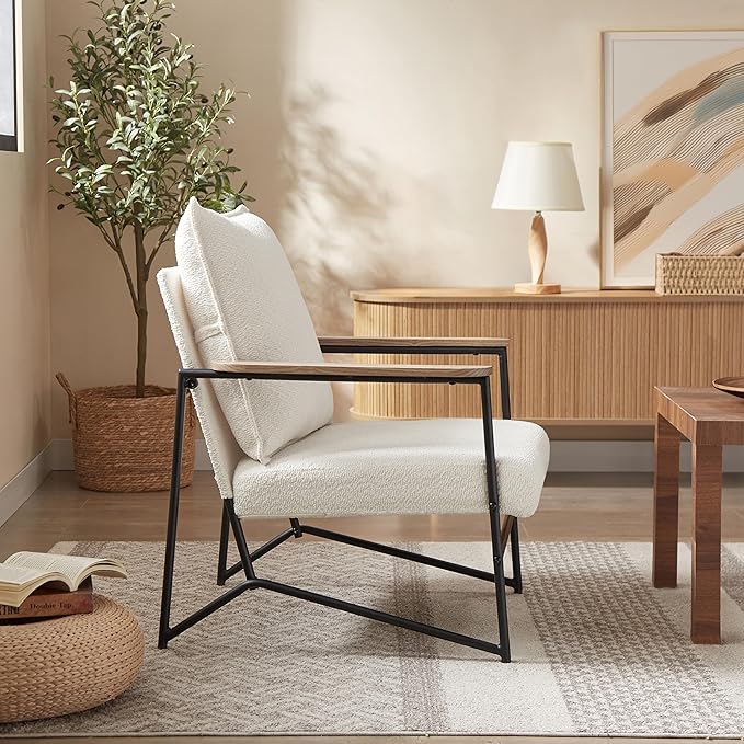 Art Leon Accent Chair - Modern Boucle Fabric Arm Chair Upholstered Lounge Chair with Metal Legs for Living Room Bedroom Reception Room White