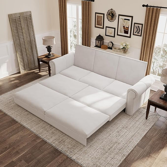 93.7 King Pull Out Sofa Bed Velvet Convertible Sleeper Couch with Nailhead Trim Oversized Mid Century Modern Chesterfield Sofa Sleeper Sectional Couch for Living Room Beige