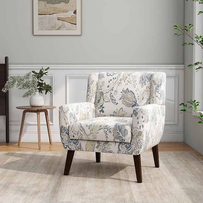 Accent Chair Modern Linen Blend Arm Chair for Living Room Bedroom Comfy High-Resilient Sponge Reading Chair for Small Spaces (Pattern Leaf Set of 1)