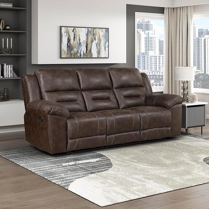 Lexicon Double Recliner Sofa for Living Room Wall Hugger Manual Reclining Couch Sofa Textured Microfiber Upholstered Dual Reclining Sofa Home Theater Seating Required Assembly Dark Brown
