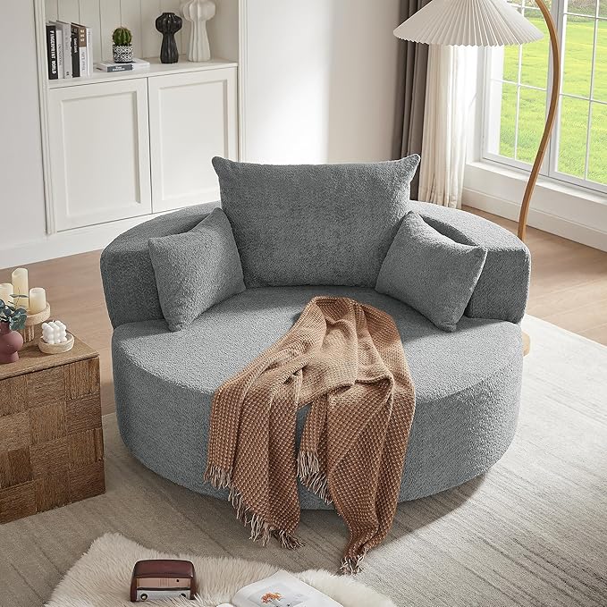 Oversized Round Swivel Chaise Modern 360°Swivel Barrel Chair with 3 Pillows Comfy Chenille Chaise Lounge Chair Indoor Single Cloud Circle Sofa for Living Room Bedroom Office (Grey)