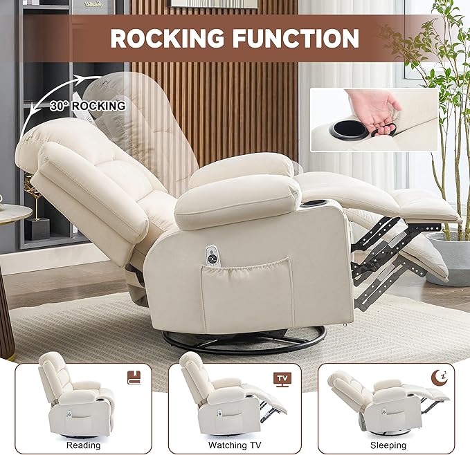 Rocker Recliner Chair with Heat and Massage 360° Swivel Nursery Rocking Chairs for Adults Oversized Recliner Single Sofa Seat with Cup Holders Lazy Boy Recliner Single Sofa (Manual Beige)