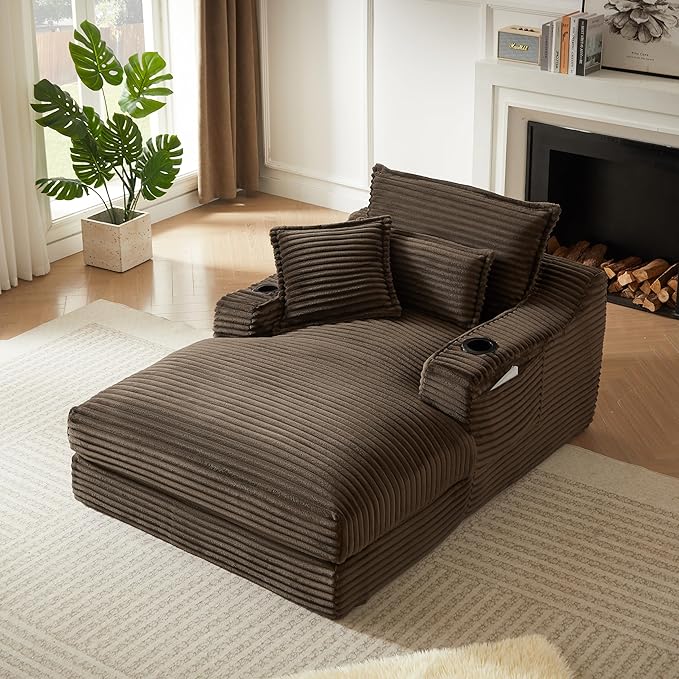 67 Chaise Lounge Chair Indoor Oversized Plush Corduroy Sleeper Sofa Chair Bed with Cup Holder Side Pockets &amp Pillows Boneless Couch for Living Room Bedroom - Brown