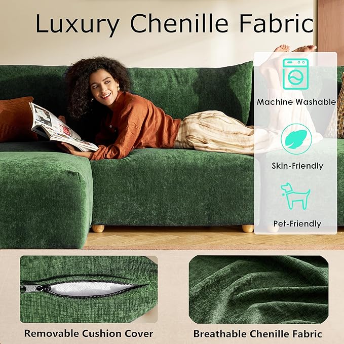 LINSY HOME Modular Sectional Cloud Couch 109 Ultra Soft Loveseat with Versatile Console and Removable Ottomans Soft Convertible Sectional Sofa Sets for Living Room Apartment Home Theater Green