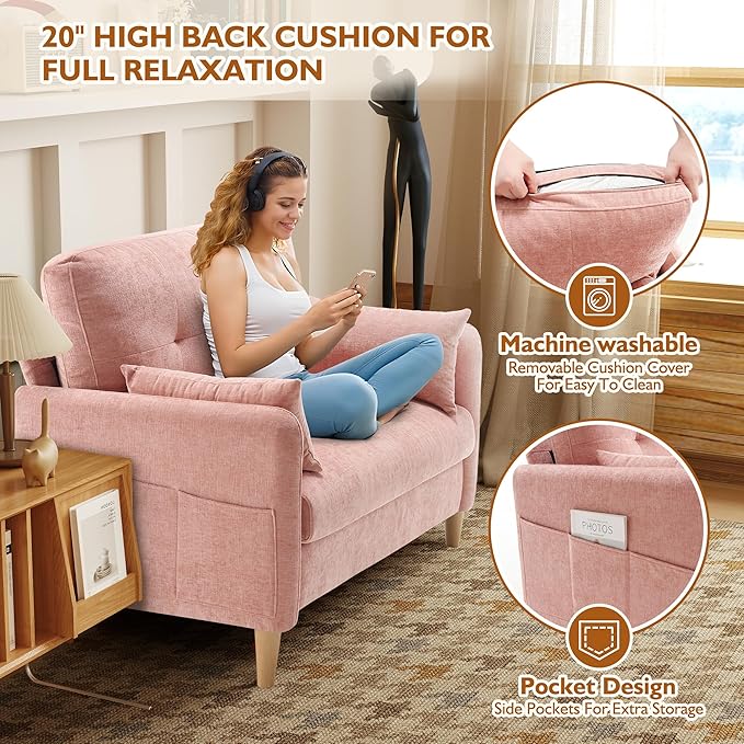 47 Small Sofa Couch for Bedroom Soft Chenille loveseat Mini Couch with Throw Pillow and Removable Cushion Cover for Small Spaces Living Room Apartment Dorm Office(Pink)