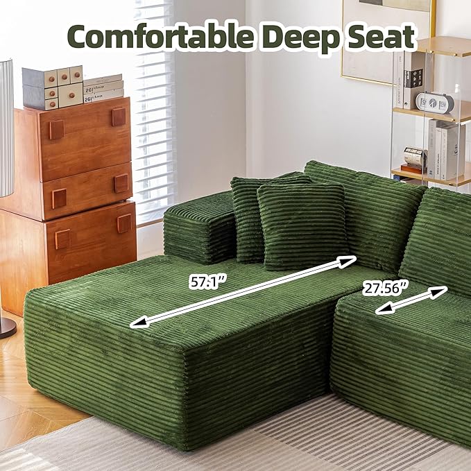 HOMREST 106 Cloud Sectional Couch with Chaise Lounge L-Shape Modular Sectional Boneless Sofa with Deep Seat Upholstered Couches for Living Room Bedroom No Assemble Green (Plush Corduroy Fabric)