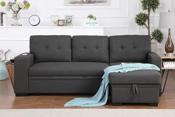 92 3-Piece Upholstered Sectional Sofa with Storage Chaise and Removable Back CushionsPull-Out Loveseat Couch W/A Side Open Cup Holder &amp Black Legfor DormApartmentStudioOfficeDark Gray