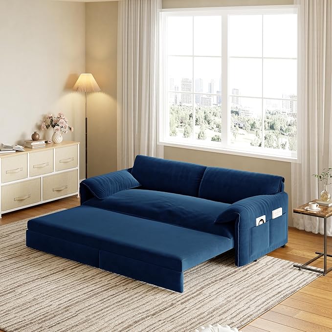 healthomse 66 Queen Size Sleeper Sofa Bed 3-in-1 Convertible Pull Out Sofa Bed with Side Storage Modern Velvet Loveseat for Living Room Bedroom Apartment Office Lounge (Dark Blue 66inch)