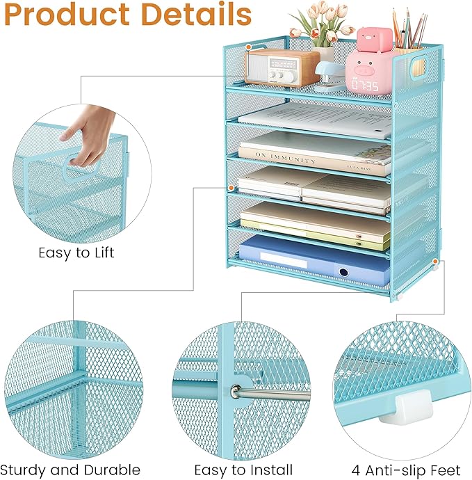 Subekyu 6-Tier Desk Paper Organizer Desktop File Letter Tray with Handle Document Sorter and Accessories Holder for Office Home and School Workspace Organizers Blue-2 Pack