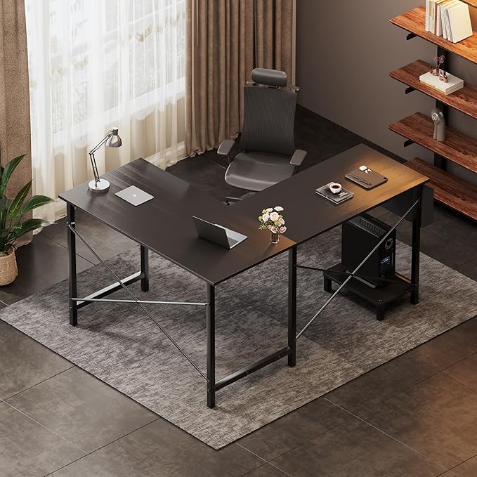 YSSOA 50 L Shaped Gaming Desk with Reversible Corner - Home Office Computer Desk with Wood Top Metal Frame CPU Stand &amp Storage Bag for Small Space Gaming Room Black