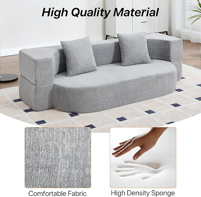 Folding Sofa Bed Convertible Futon Sleeper Bed 2-in-1 Foldable Floor Mattress with 2 Pillows Breathable High-Density Foam Lazy Couch Twin Size Comfy Lounge Chair Light Gray