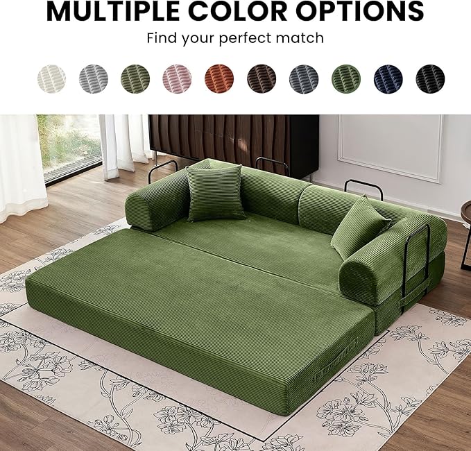 79 5-in-1 Convertible Sofa Bed Premium Sleeper with Reinforced Frame &amp Plush Corduroy No Assembly Modular Couch for Lounge Guest Room &amp Small Space Olive Green