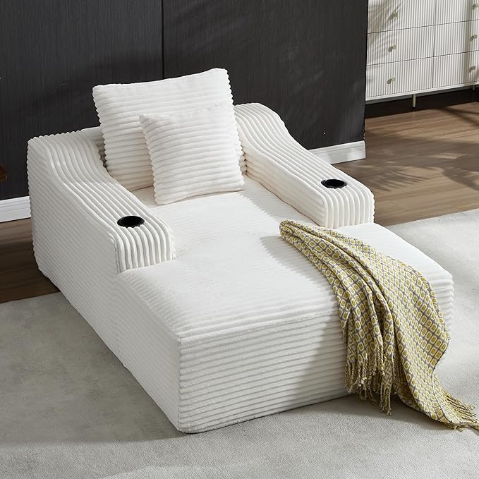 Chaise Lounge Chair Indoor Cloud Sofa Bed with Cup Holders Corduroy Upholstered Couch with 17.71 Seat High Lazy Sofa Bed for Living Room Apart Fully Assembled - White