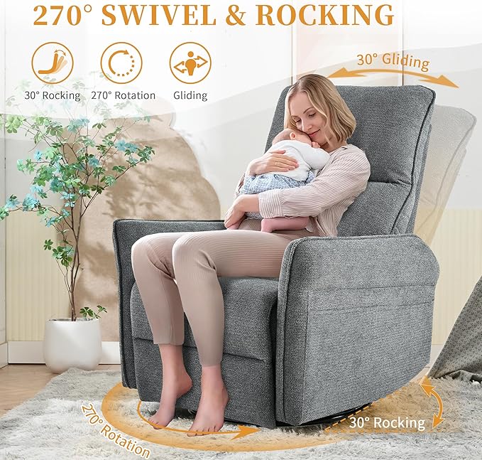 Power Swivel Rocker Recliner Chair for Nursery Upholstered Snowflake Velvet 270°Swivel Glider Rocker Chair with USB Ports Small Power Recliners for Small Spaces Living Room