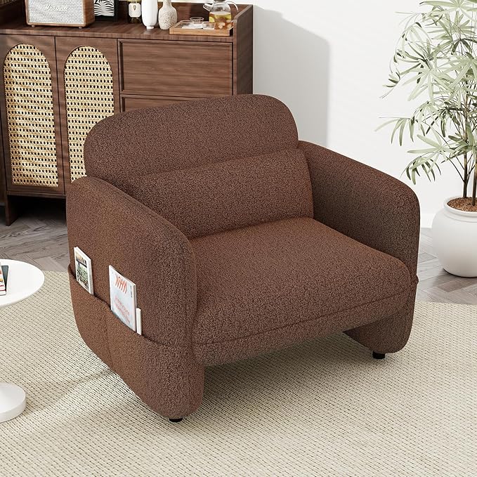 33.46 Accent Chair Oversized Sherpa Lamb Fabric Armchair Big Comfy Upholstered Armed Chair Single Sofa Chair with Waist Pillow for Bedroom Living Room (Dark Brown)