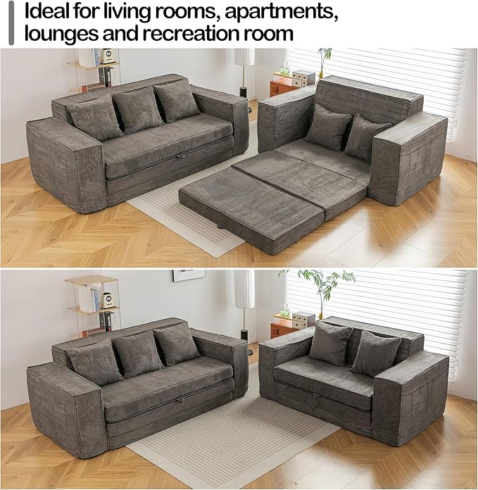 HOMREST 63 Convertible Memory Foam Loveseat Sofa Pull Out Sleeper Sofa Bed 2 in 1 Upholstered Boneless Couch Fold Out Floor Couch Corduroy with 2 Pillows for Living Room Bedroom Lounge (Grey)
