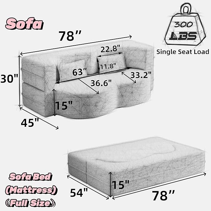 78 inch Memory Foam Couch Sofa Bed Convertible Folding Velvet Chenille Lazy Lounge Floor Full Size Sofabed Sleeper Couch for Small Living Room Apartment No Assembly (Light Grey Corduroy)