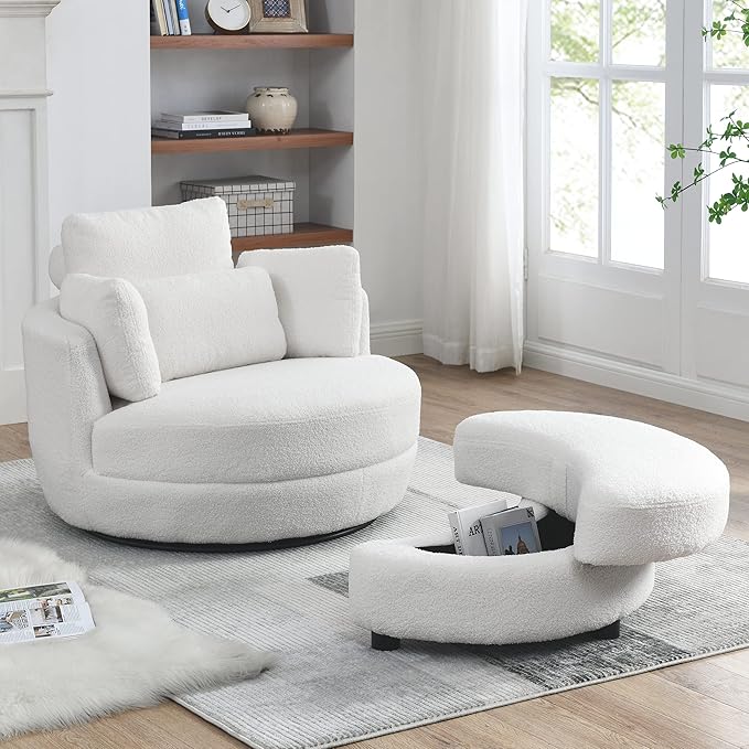 kevinplus Swivel Barrel Chair Accent Chair with Storage Ottoman for Living Room Modern Round Upholstered Single Sofa Couch Chair for Apartment Bedroom Teddy Fabric White (ø39'' x 30.5'')
