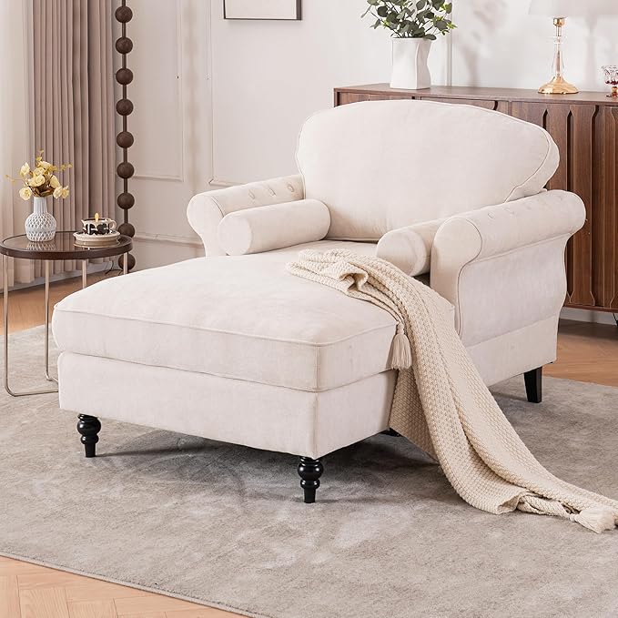 Setawix Chenille Upholstered Chaise Lounger Sleeper Sofa ChairOversized Chaise Lounge Chair Indoor with Rolled ArmsMid Century Modern Lounger Couch for Living Room Bedroom (Beige 43.3 W)