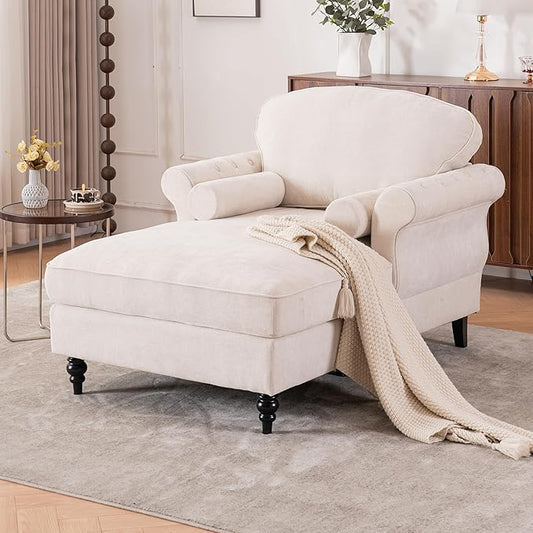 Setawix Chenille Upholstered Chaise Lounger Sleeper Sofa ChairOversized Chaise Lounge Chair Indoor with Rolled ArmsMid Century Modern Lounger Couch for Living Room Bedroom (Beige 43.3 W)