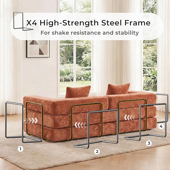 WELAX 77 Convertible Sleeper Sofa Bed Boneless Cloud Queen Futon Couches with 2 Pillows &amp Removable Armrests Chenille Folding Floor Couch No Assembly for Bedroom Living Room Orange