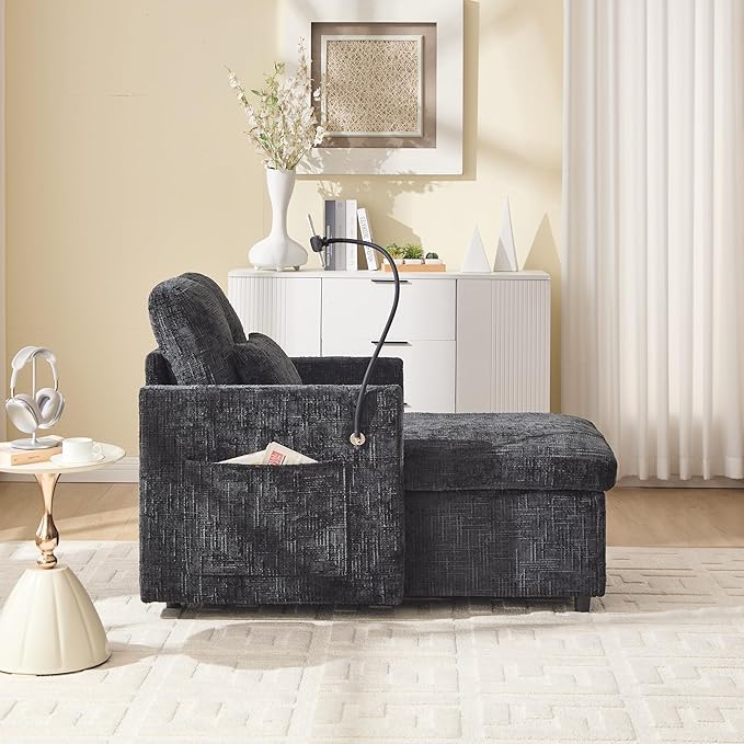 Multifunctional Sofa Recliner Chairs with Storage Cell Phone Bracket Chenille Recliner Chair Bed with Side Pockets and High Backrest Modern Living Room Single Lounge Chair (Black)